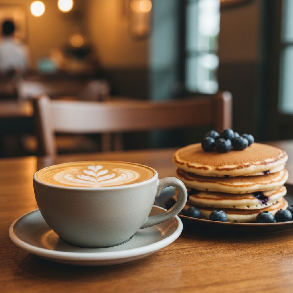 Artisan latte with blueberry pancakes